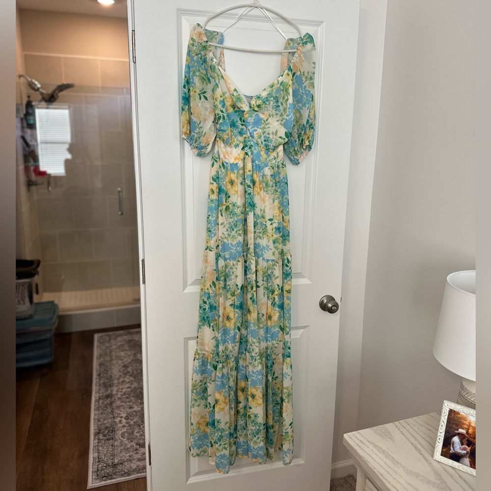 Baltic Born Floral V-Neck Dress in Blue, Green & Yellow